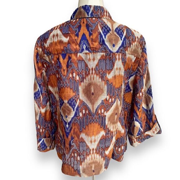 Ruby Rd Mesh Cutout Feather Ikat  Shell Button Flap Pocket Tab Sleeve Blouse - Picture 2 of 16